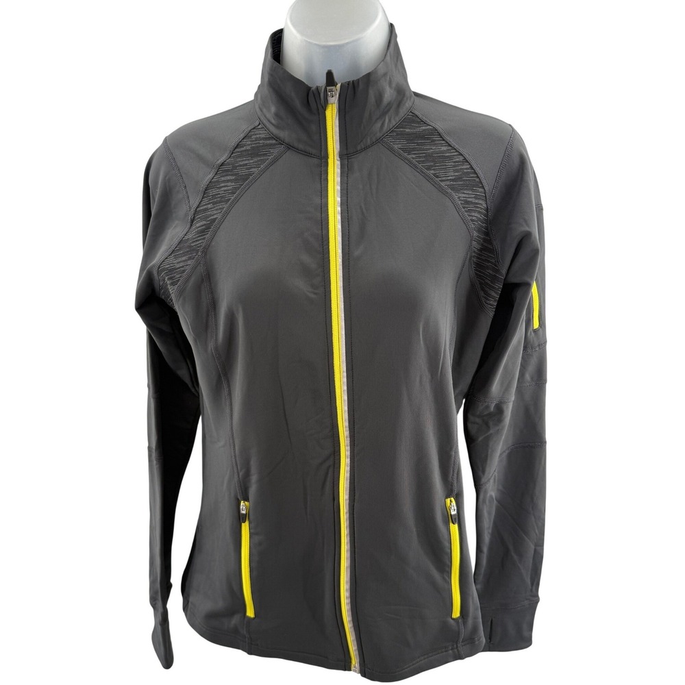 Lucy Womens Activewear Jacket Gray Neon Yellow Full Zip Thumbholes‎ Size Small